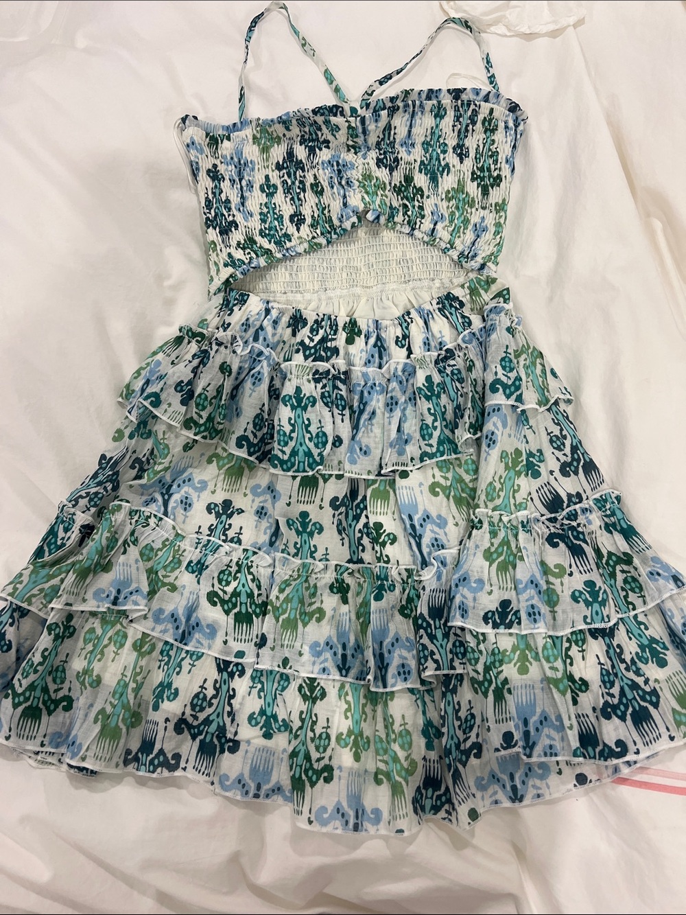 Smocked Tiered Mini Dress in Blue & Green